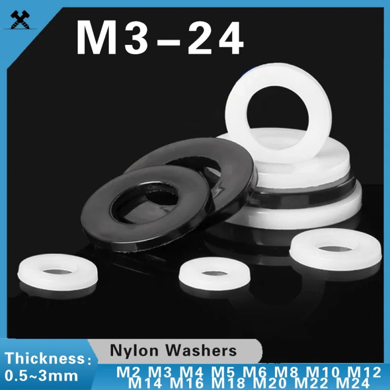 

White/ Black Plastic Nylon Flat Washer Plane Spacer M2 M2.5 M3 M4 M5 M6 M8 M10 M12~ M24 Insulation Gasket Ring For Screw 0.5~3mm