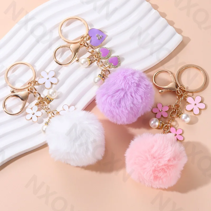 Cartoon Flowers Heart Three Colors Hairball Enamel Keychain Plant Love Key Ring For Women Girl Friendship Gift Bag Decoration