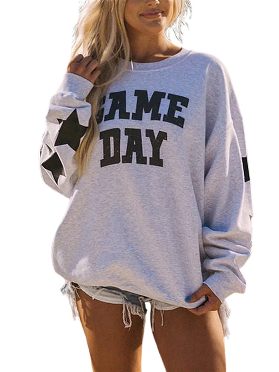 Women Cute Sweatshirts Star Letter Print Loose Long Sleeve Pullovers Casual Fall Workout Tops Autumn Streetwear