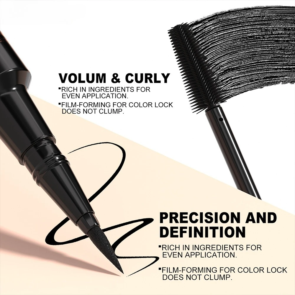 2-in-1 マスカラ + アイライナー 防水 汚れ防止 長さ出し カールアップ ボリュームアップ 終日持続 敏感な目にも最適 ジム 水泳にも最適