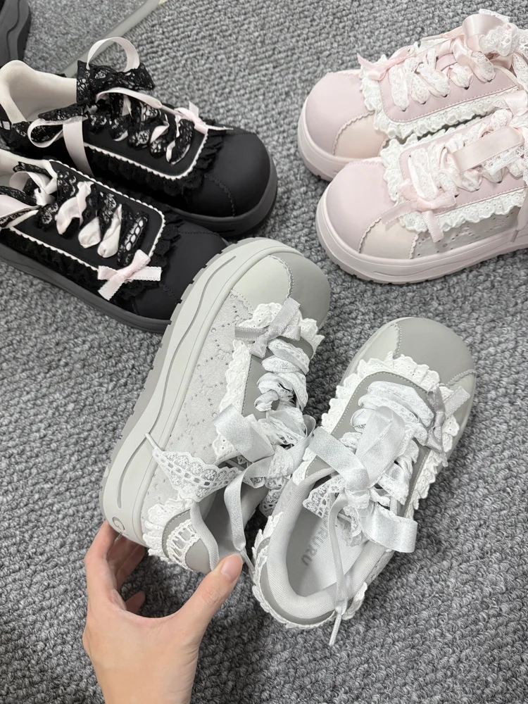 Grey Running Single Shoes Gururu Original Lolita Girls Lace Lace Grey Pink Versatile Thick Soled Sneakers Board Shoes