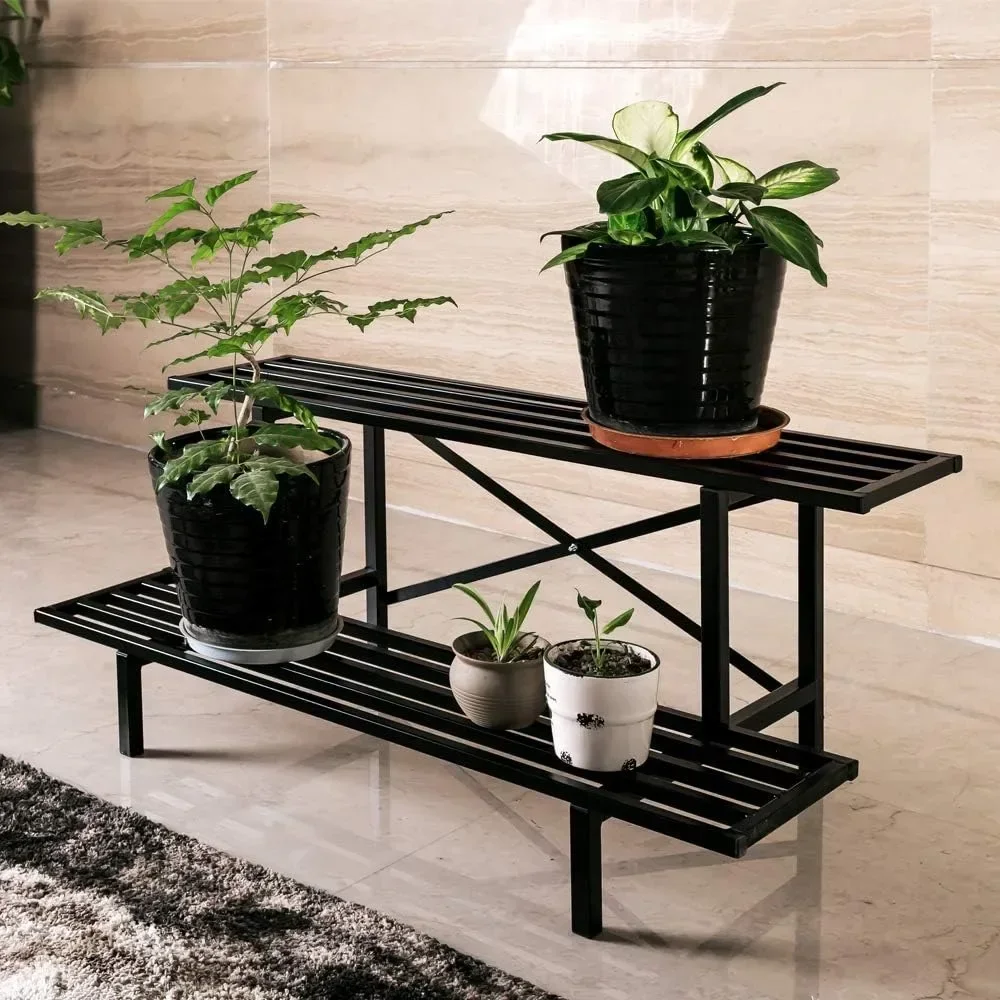 L35.43 X W17.5 X H14 Inch Shelf 2 Tier Sturdy Metal Plant Stand Heavy Duty Plant Holder for Home Indoor and Outdoor Storage