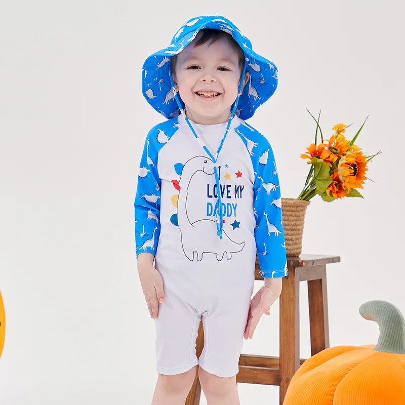 New 2026 Boys Girls One-piece Swimsuit + Sun Hat Kids Cute Cartoon Print Sun-protective Surfing Bathing Suit Baby Swimwear