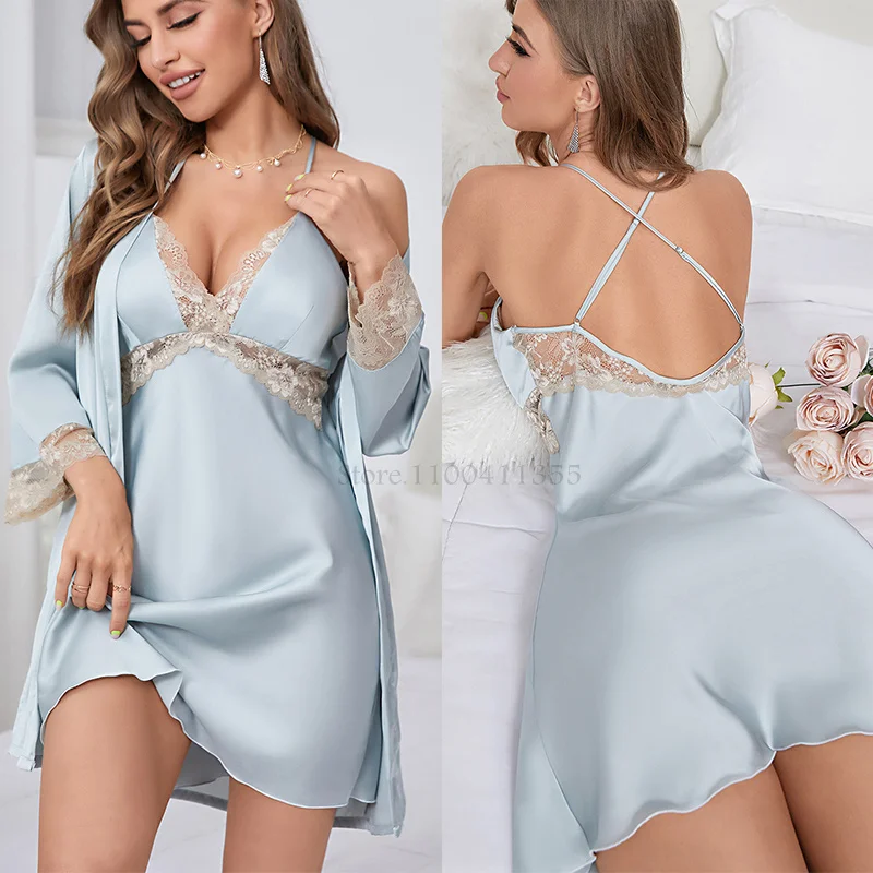 

Women Nightgown Bathrobe Sexy Lace Robe Set 2Pcs Loungewear Baggy Kimono Nightwear Silk Satin Home Dress Backlesss Slip Dress