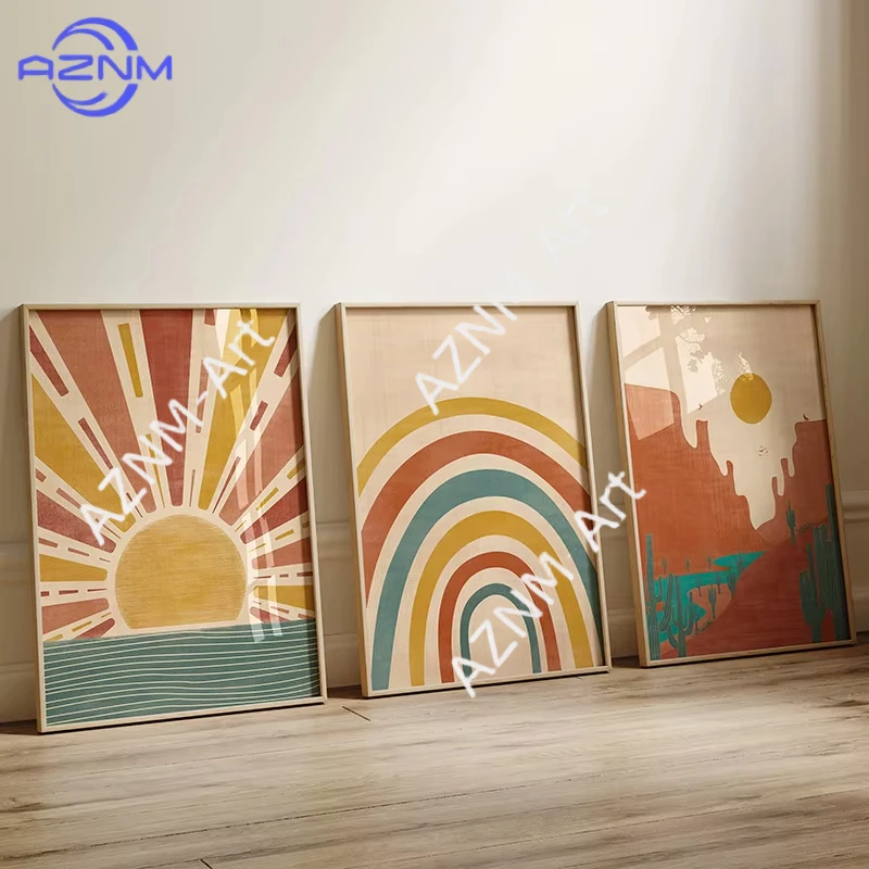 1/3 Stück Abstrakte Geometrische Sonne Regenbogen Blatt Pflanze Wandkunst Wandbild Leinwanddruck Mid-Century Poster Deko-Bilder für Zimmer