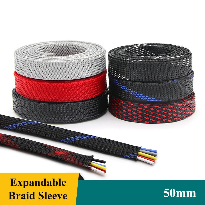 

1~20M 50mm PET Expandable Cable Sleeve Tight Braided High Density Hardness Line Wire Wrap Gland Sheath Braided Case For Cables