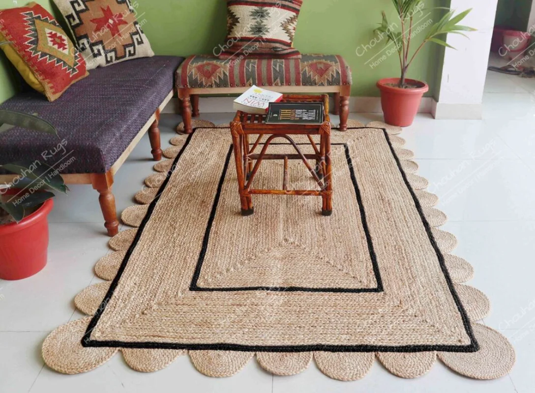 Natural Braided Scalloped Jute Rug Handmade Guestroom Carpet Living Room Rugs for Bedroom Home Decor