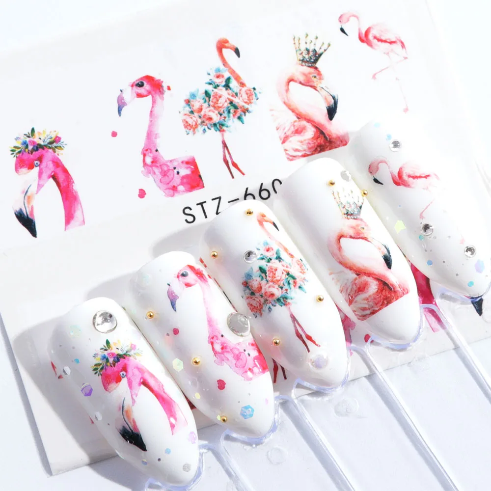 1pcs Flamingo Nail Art Sticker Water Decal Slider Cat Giraffe Rabbit Animals Transfer Manicure Nail Art Decoration JISTZ614-673