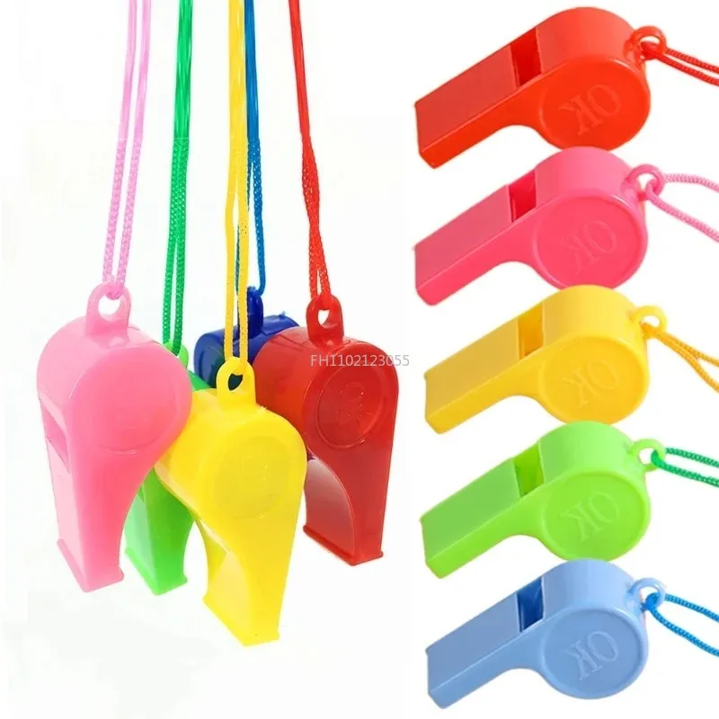 1pcs Mini Plastic Whistle with Rope Children Toys Kids Football Soccer Rugby Cheerleading Whistle Birthday Party Supplies