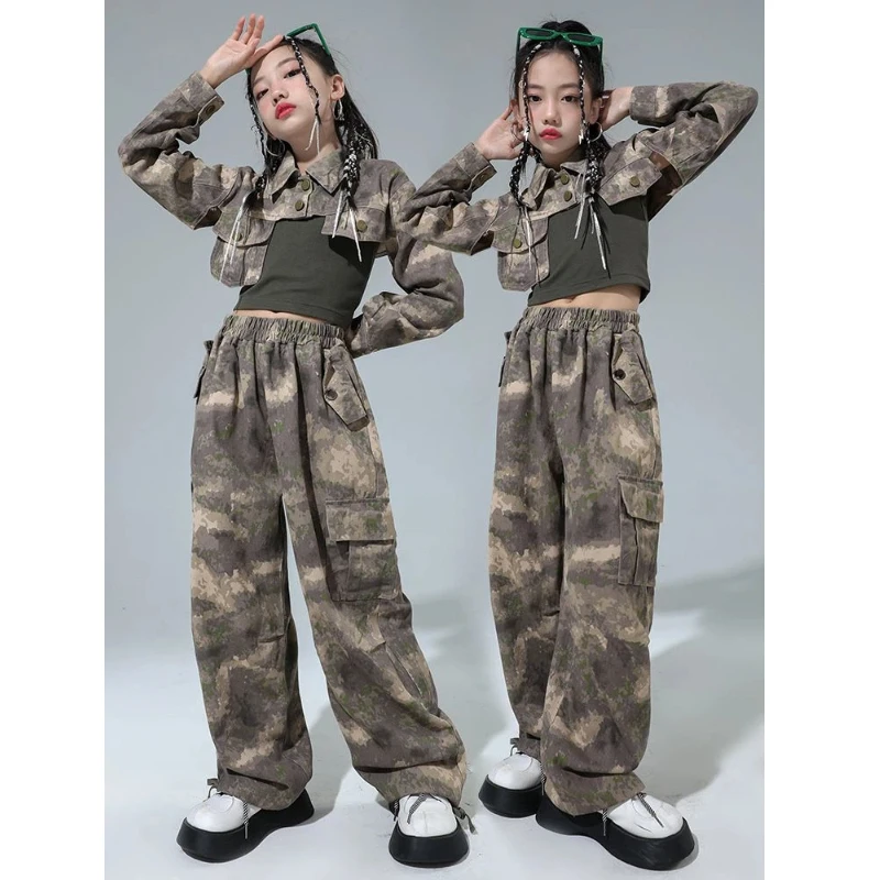 

Новый костюм для джазовых танцев, детская одежда в стиле K-pop и хип-хоп, камуфляжная укороченная рубашка, майка для девочек, повседневные широкие брюки карго в уличном стиле