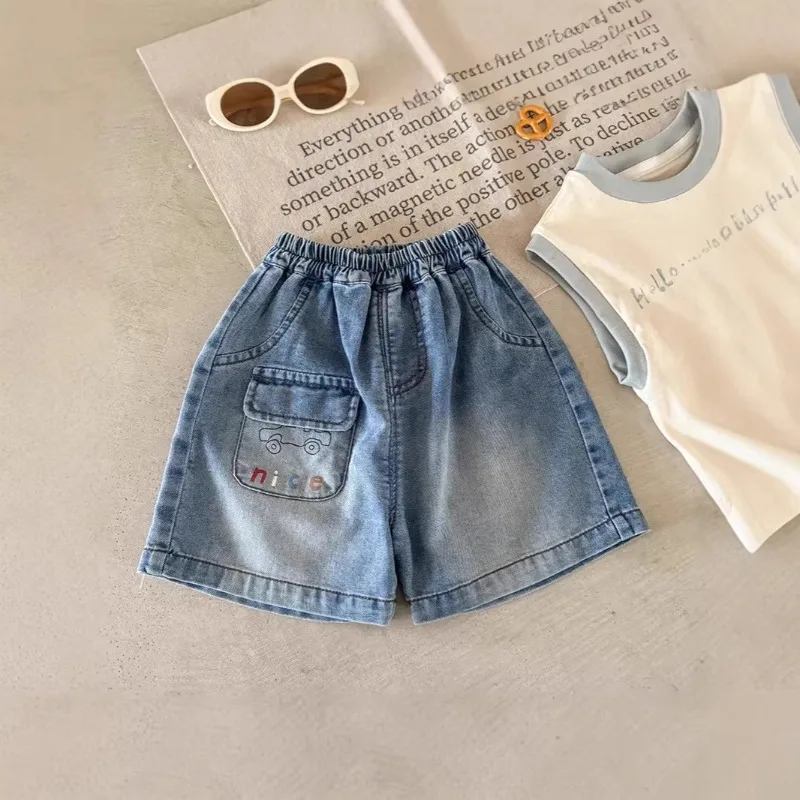 UNITIM Summer Kids Boys Shorts Cartoon Embroidery Children Boys Denim Shorts Loose Casual Star Print 2-10Yrs Baby Boys Shorts