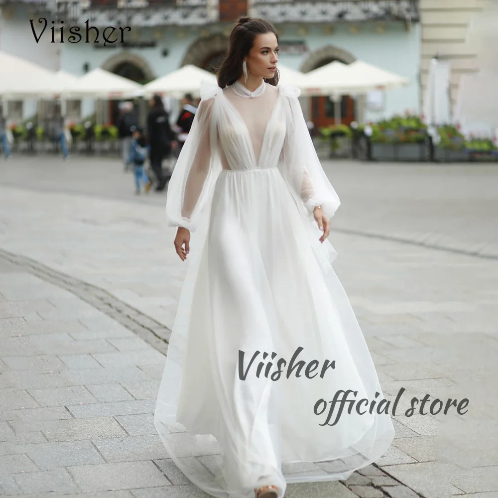 Viisher White Wedding Dresses Long Sleeve Illusion V Neck Chic Bride Dress Elegant Bridesmaid Wedding Gowns Customized