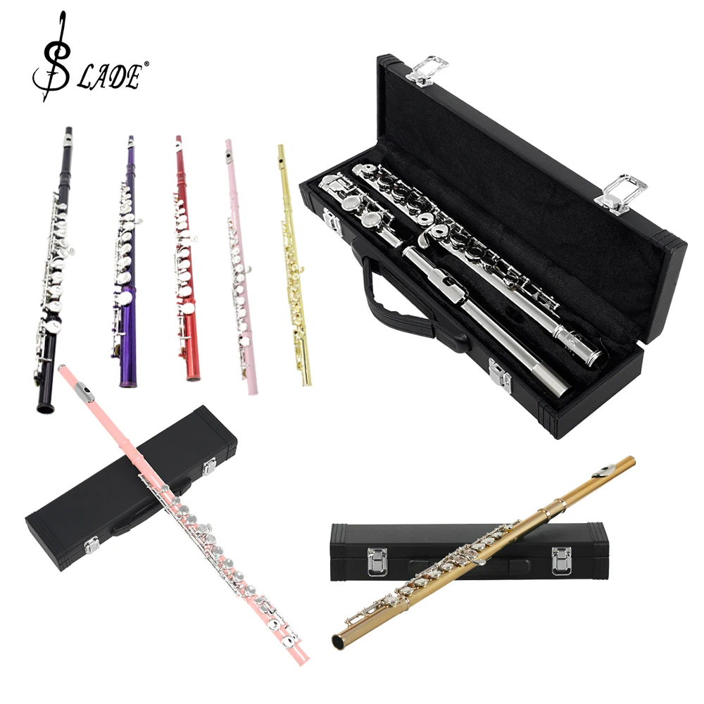 SLADE Flute Professional 16 Holes Closed Open C Key Flute Silver Plated Concert Flute with Box Cleaning Cloth Stick Gloves