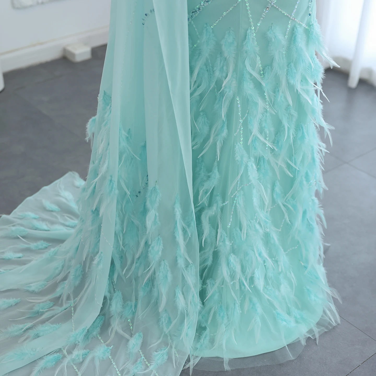 Sharon Said Luxury Feather Turquoise Aqua One Shoulder Evening Dresses with Cape Train Prom Wedding Party Gowns SS498 Customized image 4