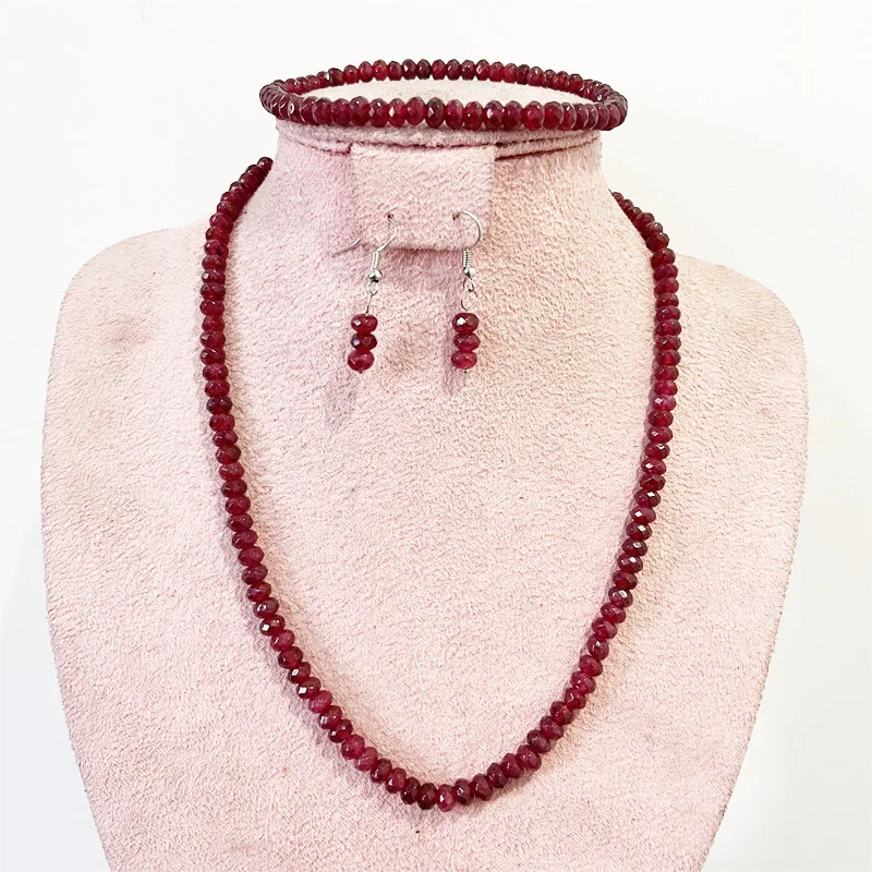 

Редкие 4*6 мм граненые красные рубиновые комплекты ювелирных изделий из натурального камня, ожерелье из бисера, серьги, браслет-цепочка, колье, модный простой дизайн