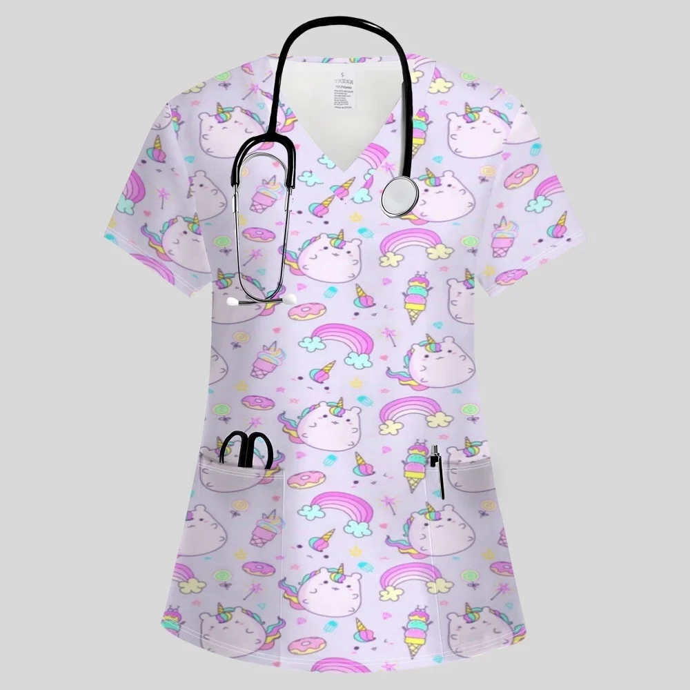 uniforme-cirurgico-feminino-com-estampa-de-desenho-animado-uniformes-veterinarios-com-decote-em-v-e-manga-curta-roupas-casuais-para-dentistas-e-profissionais-de-saude