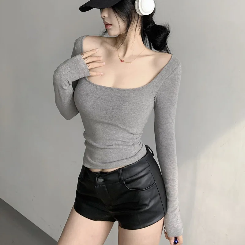 Spring/autumn New Long Sleeve Square Neck T-shirt Women Thin Style Cinching Waist Solid Leisure Versatile Short Top D587