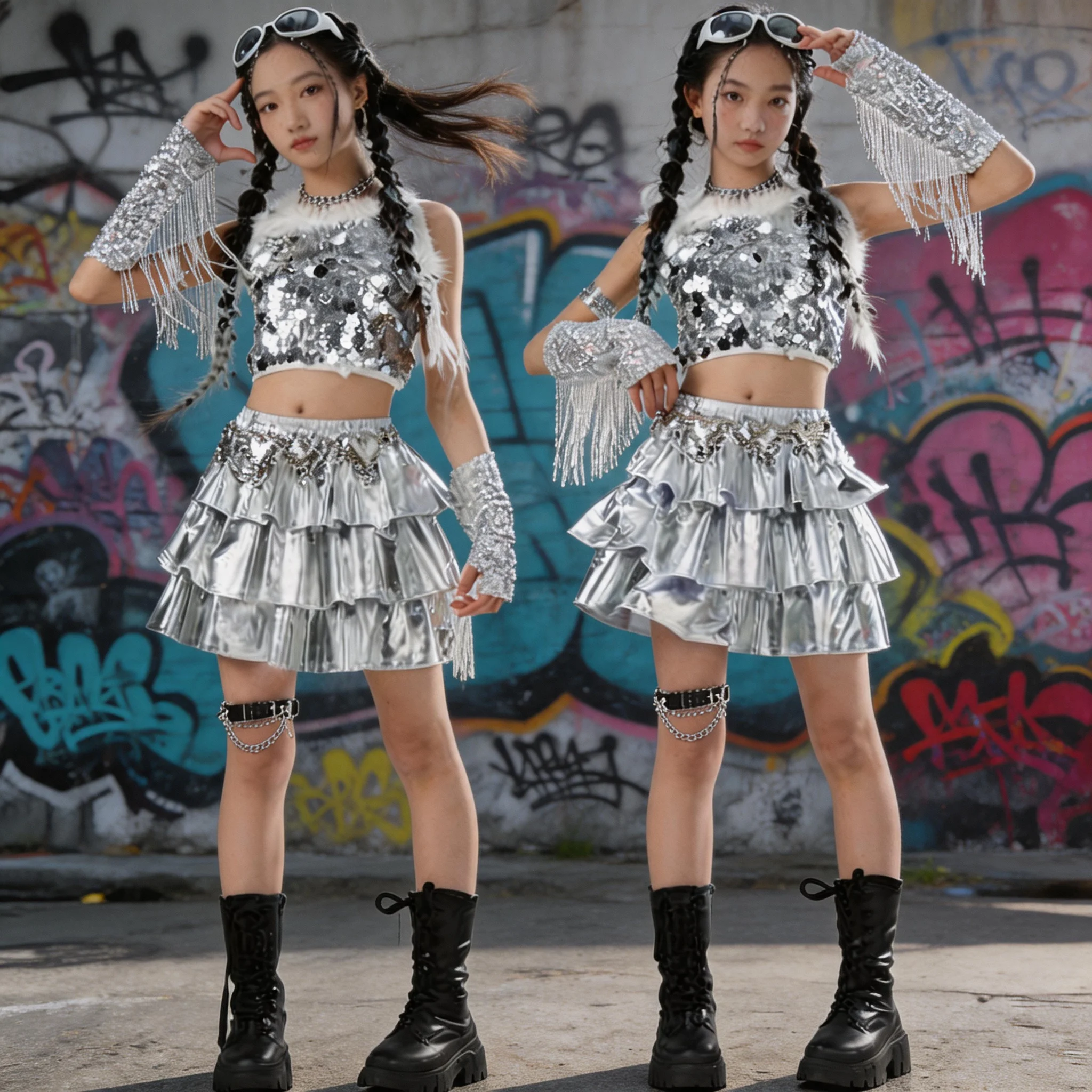 

Girl Silver Sequin Jazz Dance Costume Sequins Vest Cake Skirt Kids Runway Show Stage Outfit Kpop Dance Performance Wear