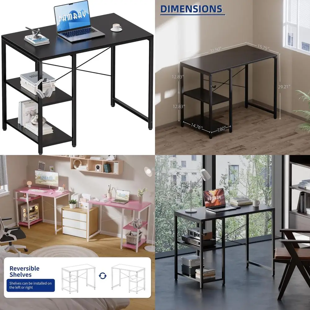 

Compact 32 Black Computer Desk with Shelves and Headphone Hook for Home Office and Small Spaces