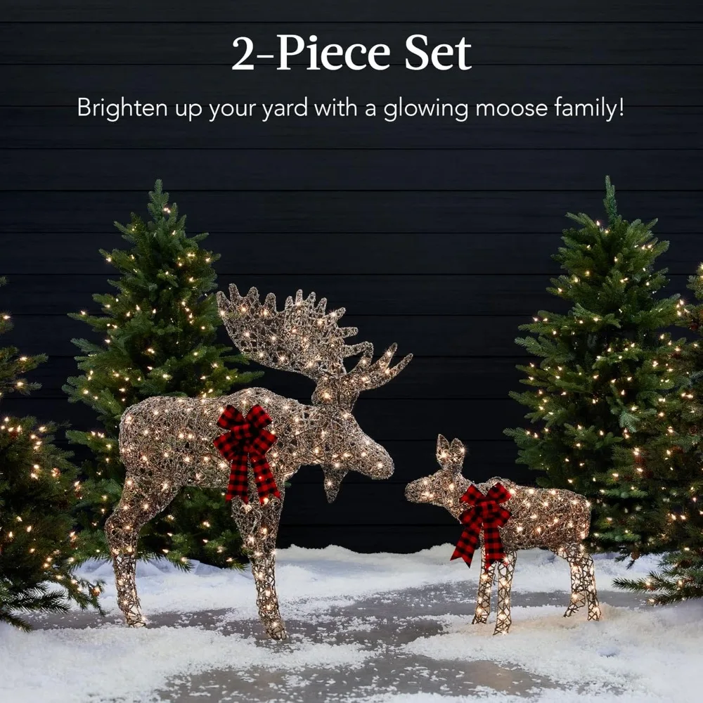 2-Piece Moose Family Lighted Rattan Outdoor All-Weather Christmas Yard Decoration Rattan-Inspired Light