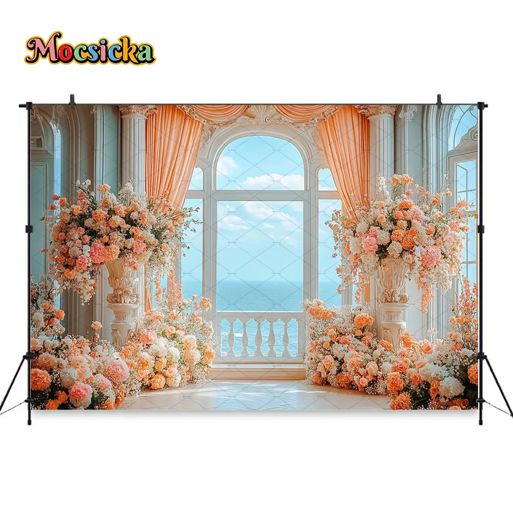 Роскошный свадебный фон для фотосъемки для девочек, теплый оранжевый цветочный дворец, голубое небо, фон, декор для свадебного шоу, фотозона для студии