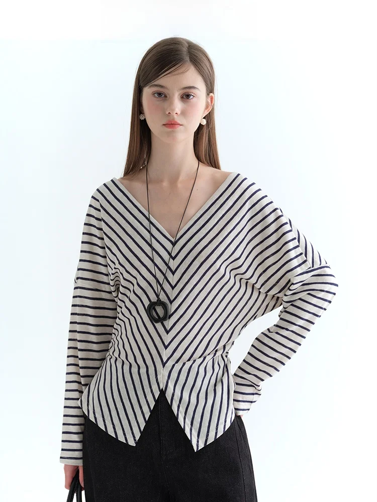 

Slim Fit Striped V-Neck T-Shirt Women's Casual Style Spring 2026 New Design Elastic Waist Long Sleeve Polyester Cotton Blend