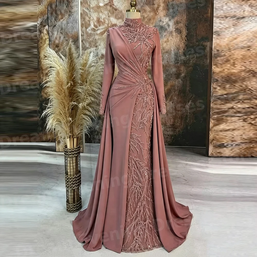 Image of Exquisite Meerjungfrauen-Abendkleider für Damen mit hohem Kragen, langen Ärmeln und Applikationen, maßgeschneiderte Ballkleider, Vestidos Para Mujer Elegantes