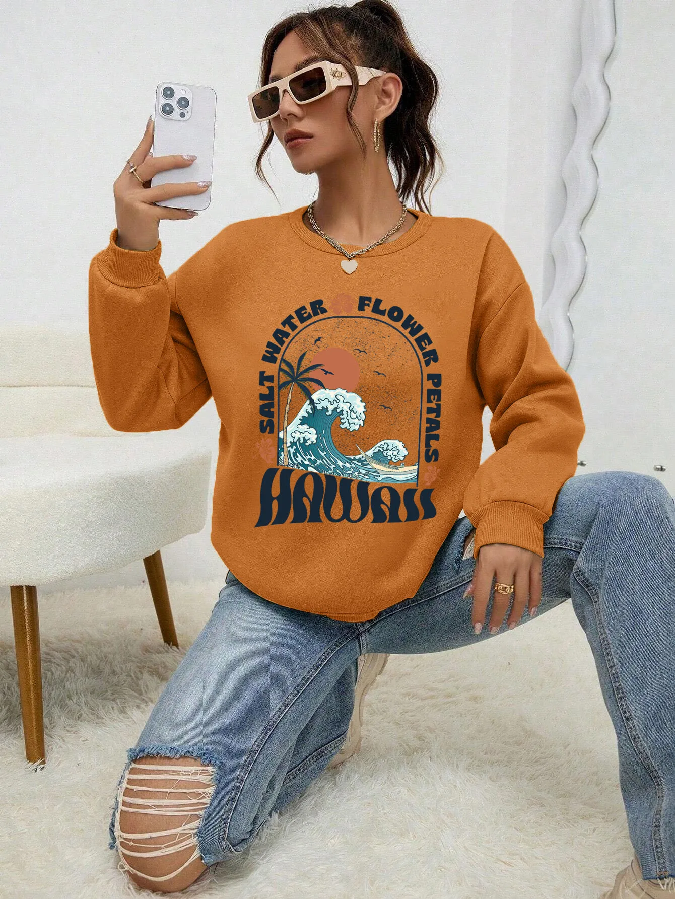 Hawaii Waves Coconut Trees Sunset Print Sweater Women Creative Fleece Hoody Autumn Sweatshirt Fashion All-Match Woman Clothes