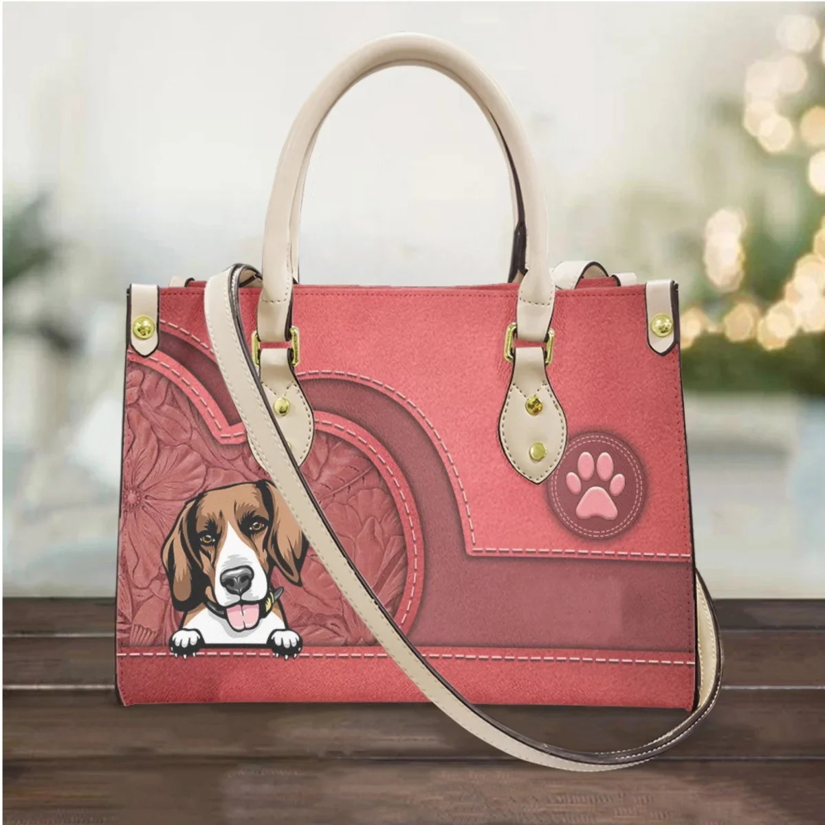 Beagle Print Luxury Small Tote Bag Women PU Leather Messenger Bag Retro Top Handle Portable Shoulder Handbag Gift for Dog Lovers