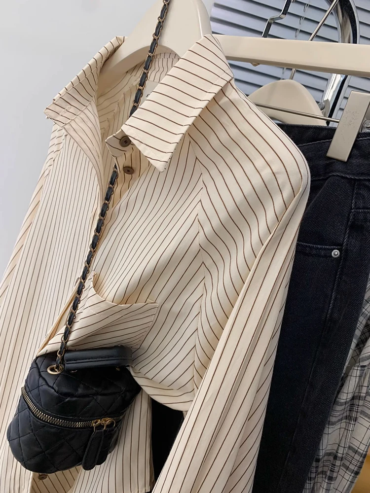 

Women's Casual Striped Shirt Long Sleeve Spring Autumn Versatile Outerwear Korean Style Loose Fit Button Detail