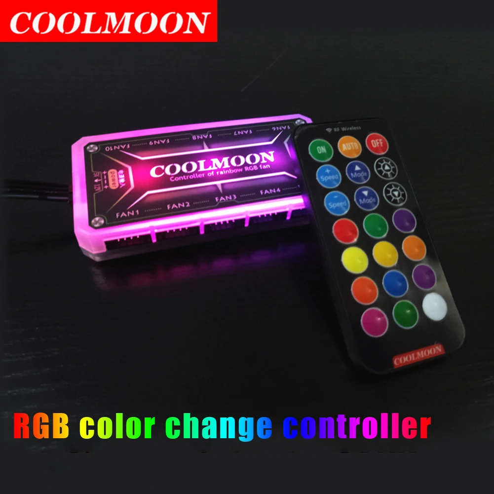 COOLMOON RGB Controller DC12V 5A LED Color Intelligent Fan Remote Controller With 10pcs 6-pin Fan Port 2pcs 4-pin Light Bar Port