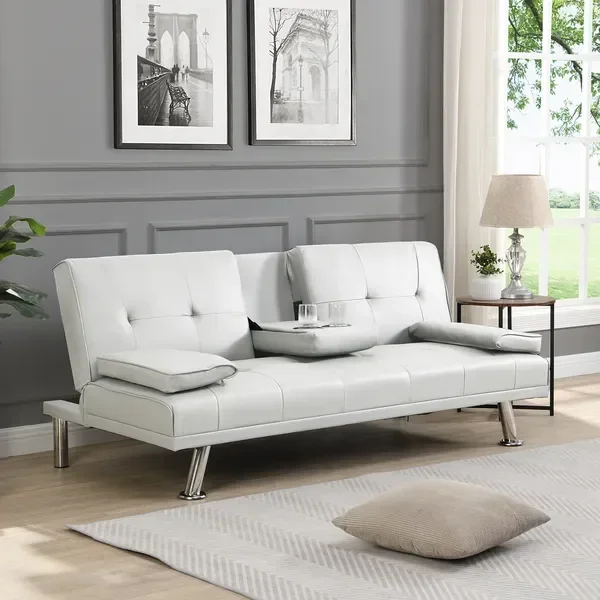 White Futon Sofa Bed with Armrest, Wooden Frame, Stainproof PVC