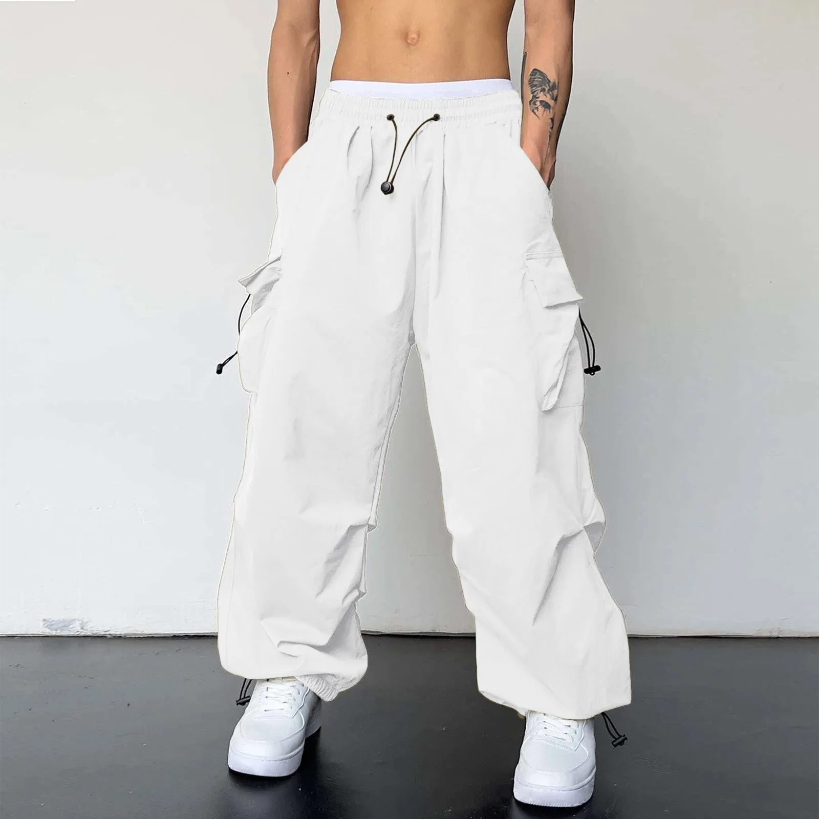 

2024 Summer Fashion Casual Pans For Men New Fashion Streetwear Solid Color Cargo Pants Elastic Waist Wide Leg Men's Joggers