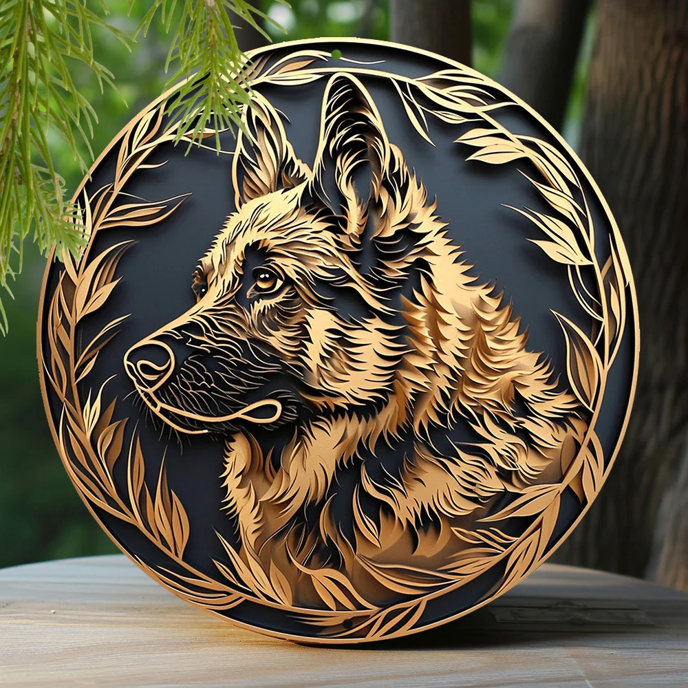 Metal Sign Faux Foil Stamping Papercut Art Painting Round Wreath Decorative Sign Dormitory Decor Men Gifts German Shepherd Theme