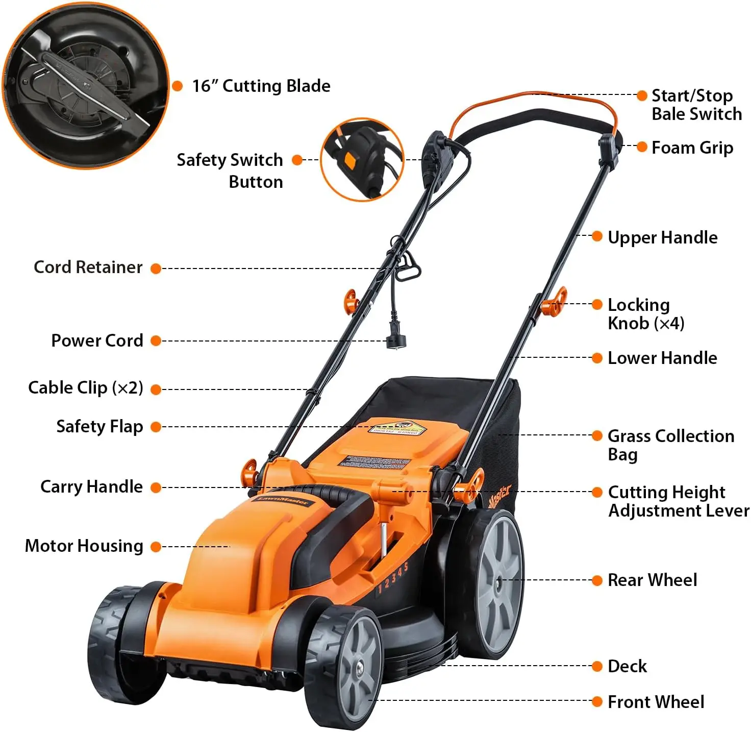 MEB1216K Elektrischer Rasenmäher, 16 Zoll, 12 A