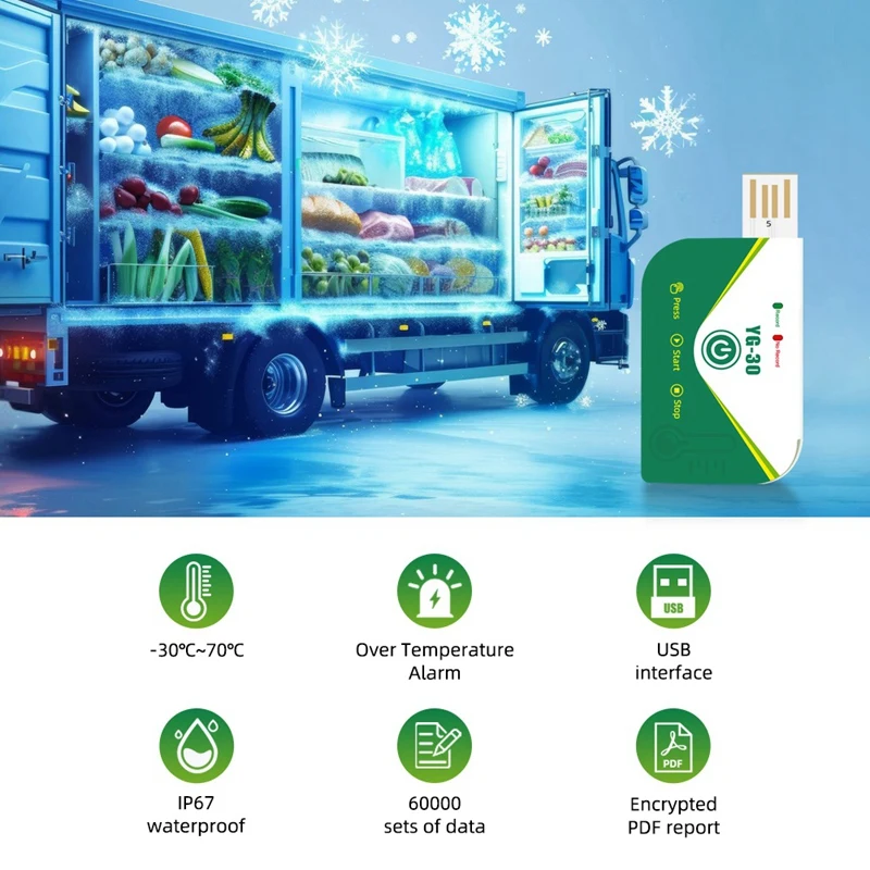 مسجل بيانات درجة الحرارة 180 يومًا، مسجل بيانات USB للاستعمال مرة واحدة، تقرير PDF لنقل السلسلة الباردة