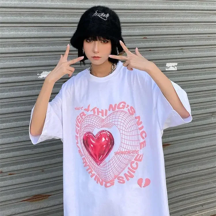 Women's New Cute Tees Couple Tshirt Oversized T Shirt Love Graphic T-shirts Streetwear Y2k Tops Harajuku Sweet Clothing