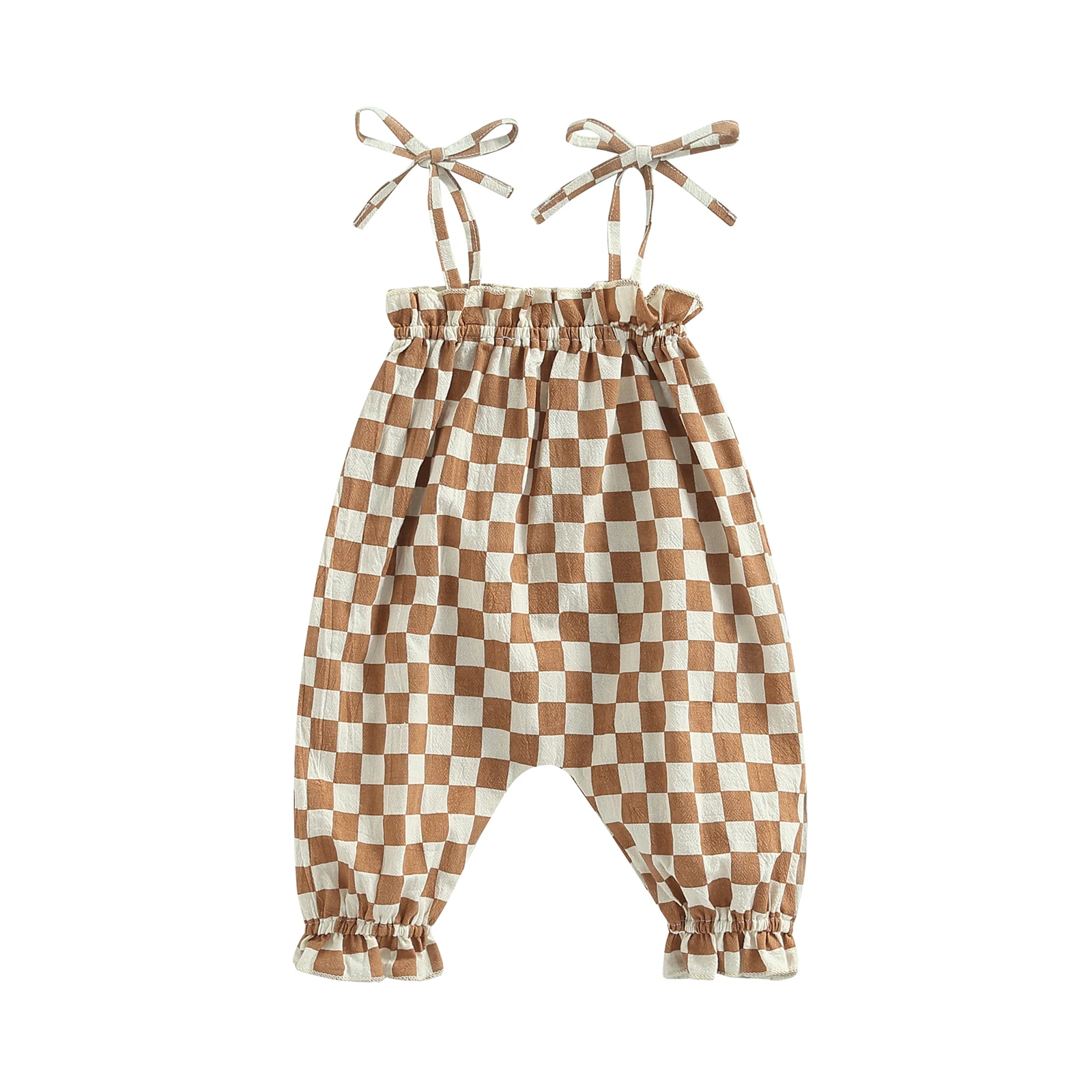 2022-06-01 Lioraitiin Baby Girls Casual Jumpsuit Brown Plaid Pattern Sleeveless Tie-up Strap Romper Summer Clothing