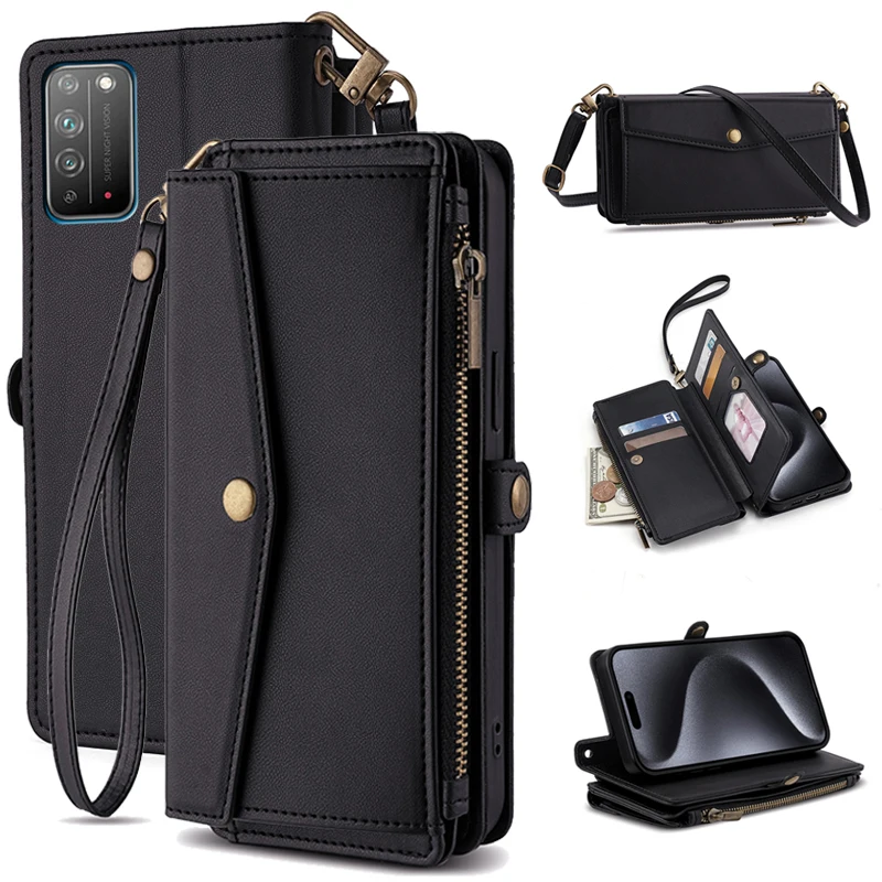 Lanyard Card Cover Case For Honor X5 Plus X6A X6 X6S X7 X7A X8A X8B X9B 4G 5G X7B X8 X9A X9 X10 Luxury Crossbody-bags Coque