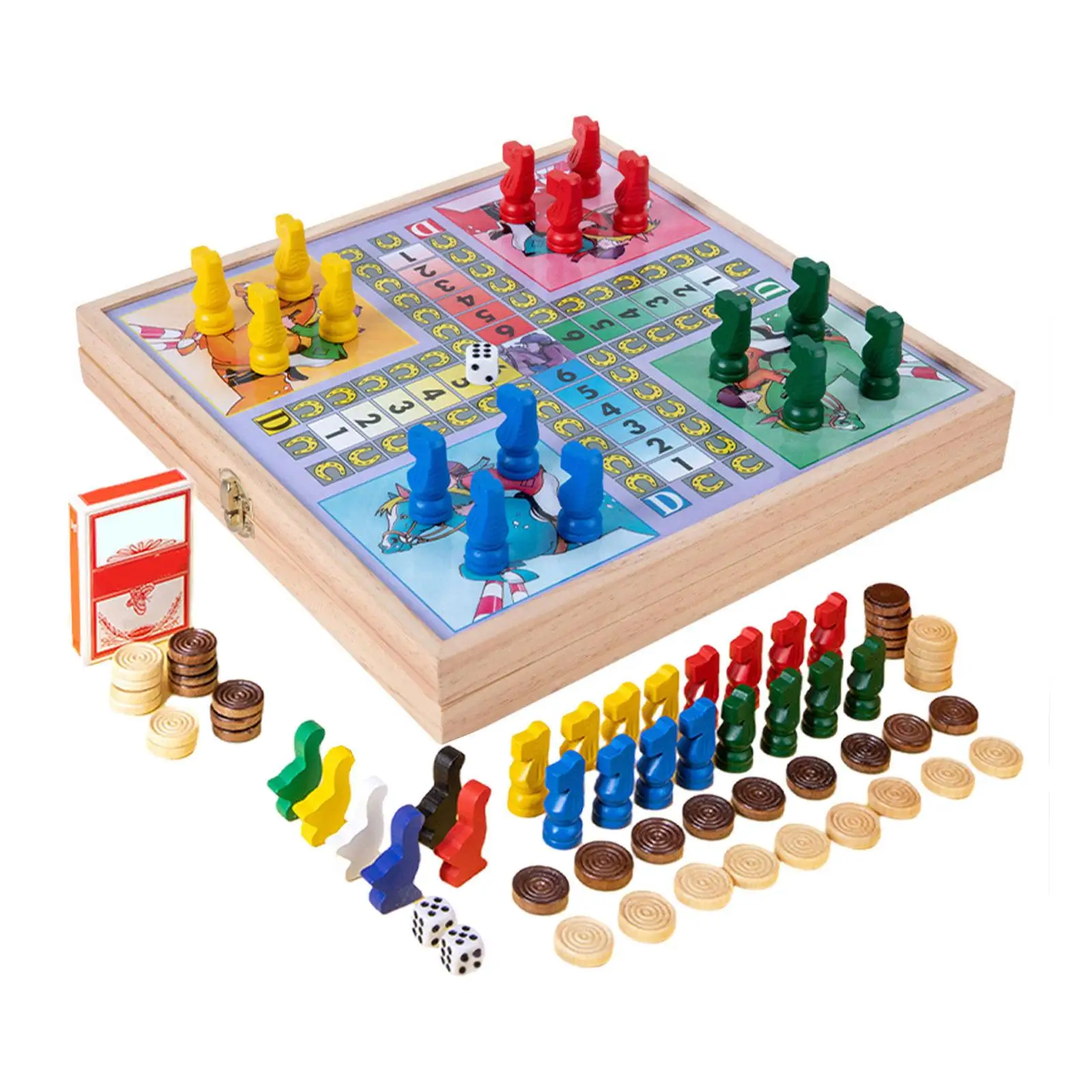 4 in1 Board Game Set Tabletop Game Wooden Strategy Educational Portable Folding Checkers Ludo Game for Kids and Adults Travel