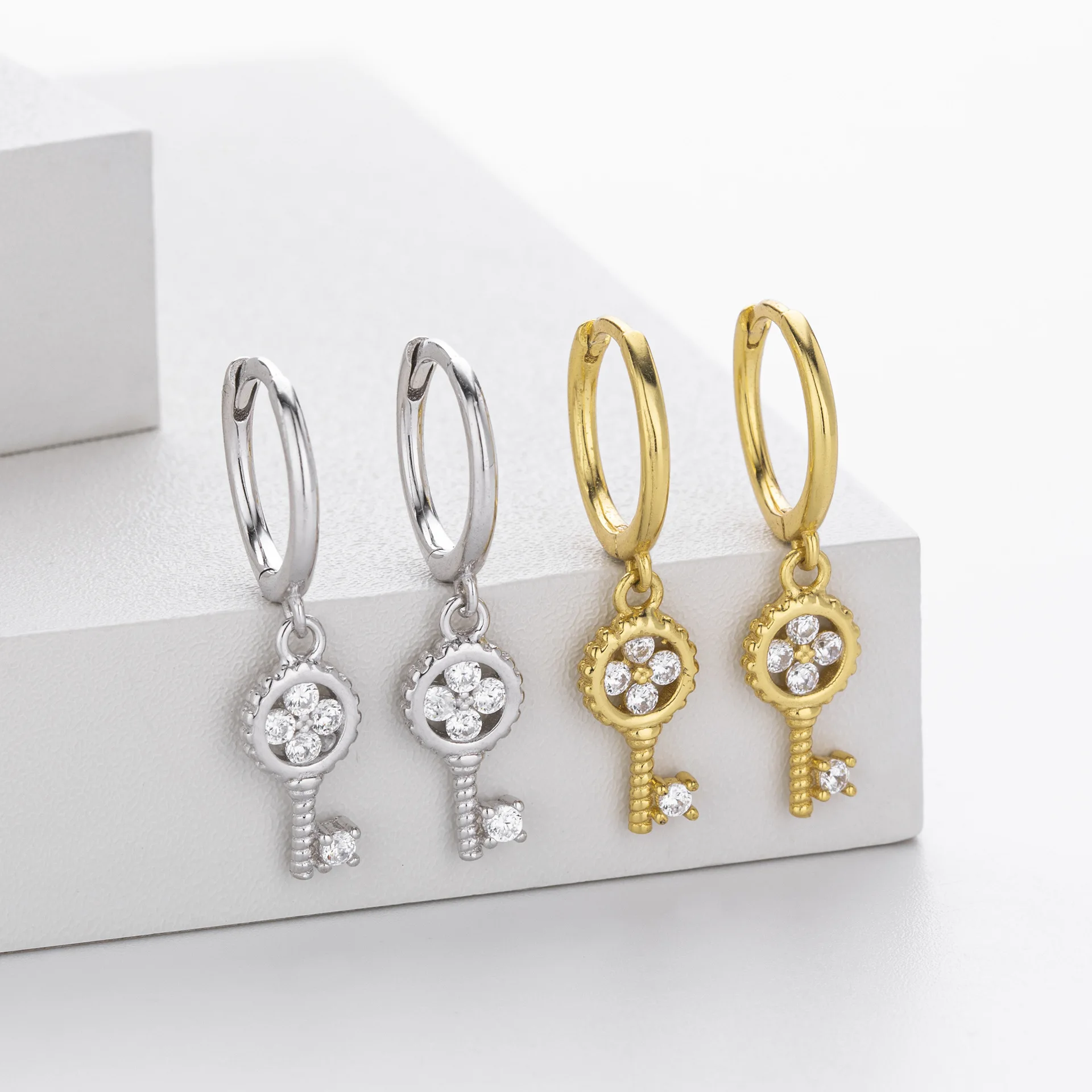 Withered S925 Sterling Silver Earrings With Stylish Zirconium Inlaid Key Earrings For Women