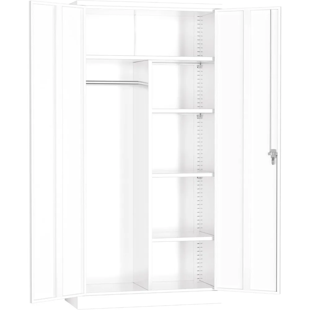 

Lockable Almirah for Clothes with Adjustable Shelves, 71”H Metal Storage Cabinets with Doors and Hanging Rod, Steel Wardrobe