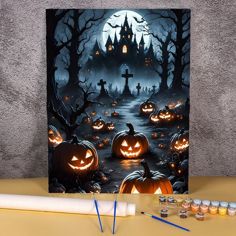 Halloween Pumpkin Coloring Kits para Adultos, Pintura artesanal, DIY Dark Castle, Pintura a óleo, Decoração para casa, Número