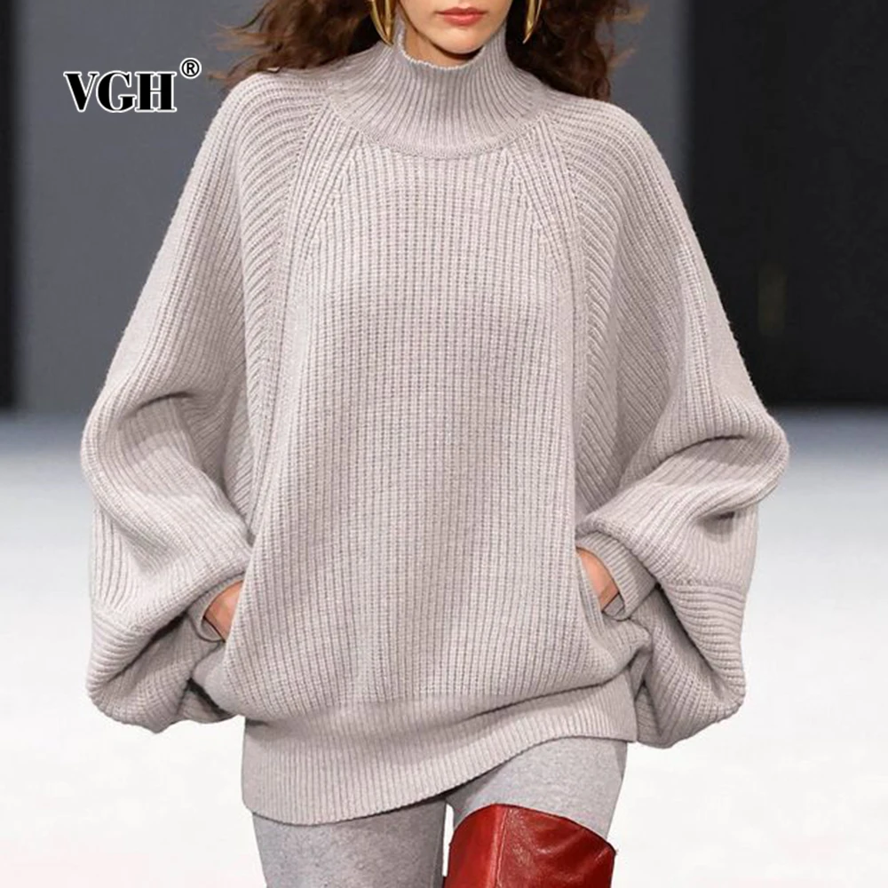 

VGH Basics Loose Tunic Hem Designer Sweater for Women Turtleneck Lantern Sleeve Spliced Pocket Solid Pullovers Female Autumn New
