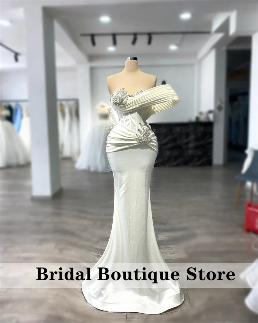 

White Satin Mermaid Luxury Evening Dresses Women 2025 Bead Diamonds Floor-Length Prom Gown Robe Customized