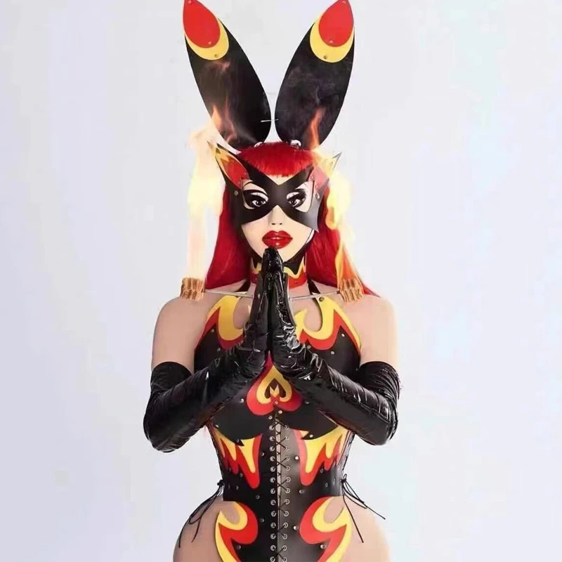 Women Festival Rave Outfits Sexy Sculpting Flame Leather Bodysuit Gogo Costumes Nightclub Bar Dj Ds Pole Dance Clothing