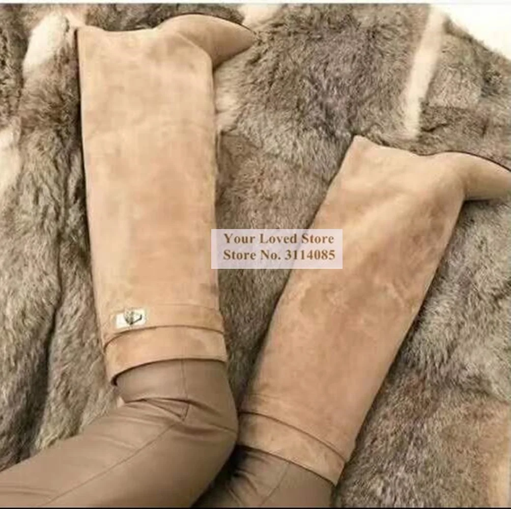 2019 Designer Shark Lock Nude Suede Tall Boots Strap Embellished Wedge Heel Dress Shoes Winter New Year Party Turn Over Boots