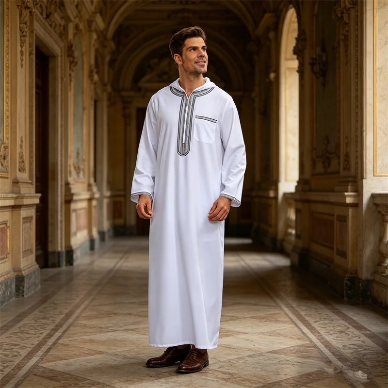 

New Djellaba Men Hooded Robe Jubba Thobe Muslim Dress Islam Kaftan Zipper Embroidery Gown Daffah Dishdasha Traditional Clothing