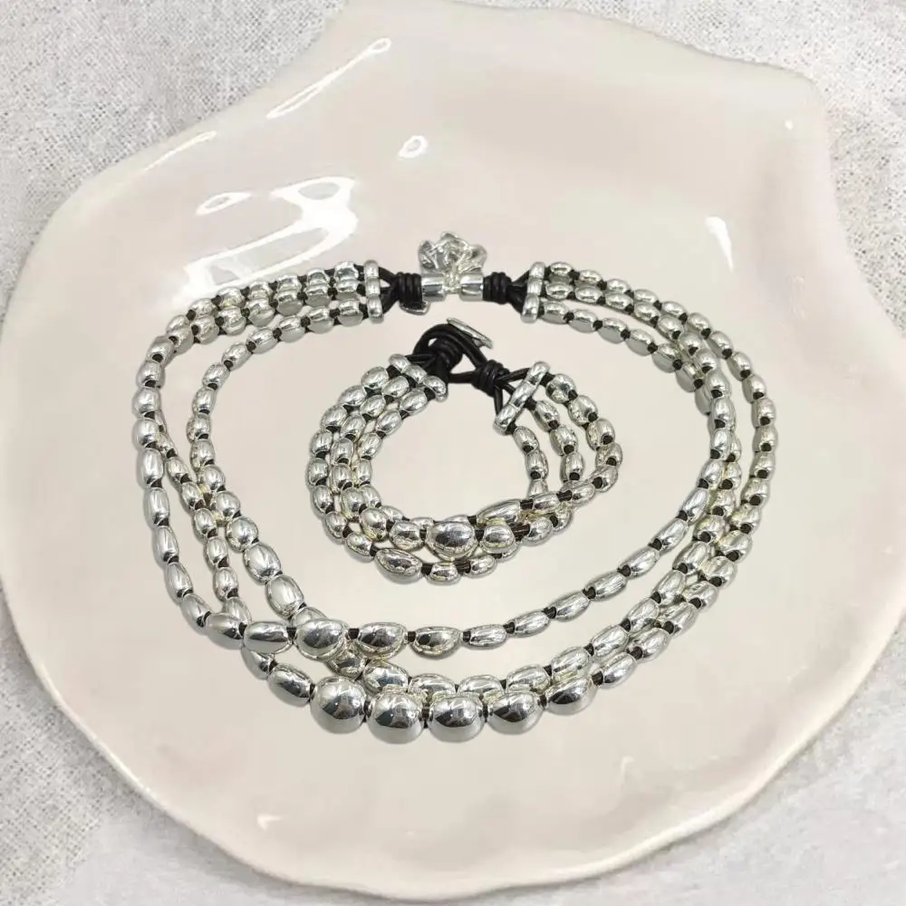 2026 Spain Neutral Cold Style Silver Multi Layered Beaded Bracelet Necklace, Jewelry Two Piece Set Niche Gift
