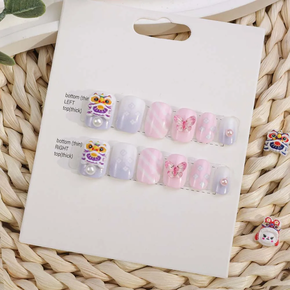 12Pcs/set Lion Dance Children New Year False Nails Full Cover Nail Art Tips Short Square Shaped Kids Cartoon Fake Nails